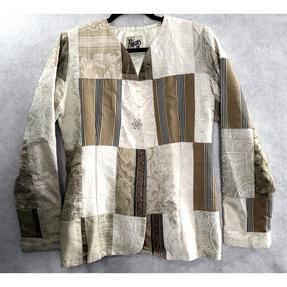 Vtg PIECES Women Patchwork Open Front Long Sleeve Blazer Sz S/M Beige Gold 55-5